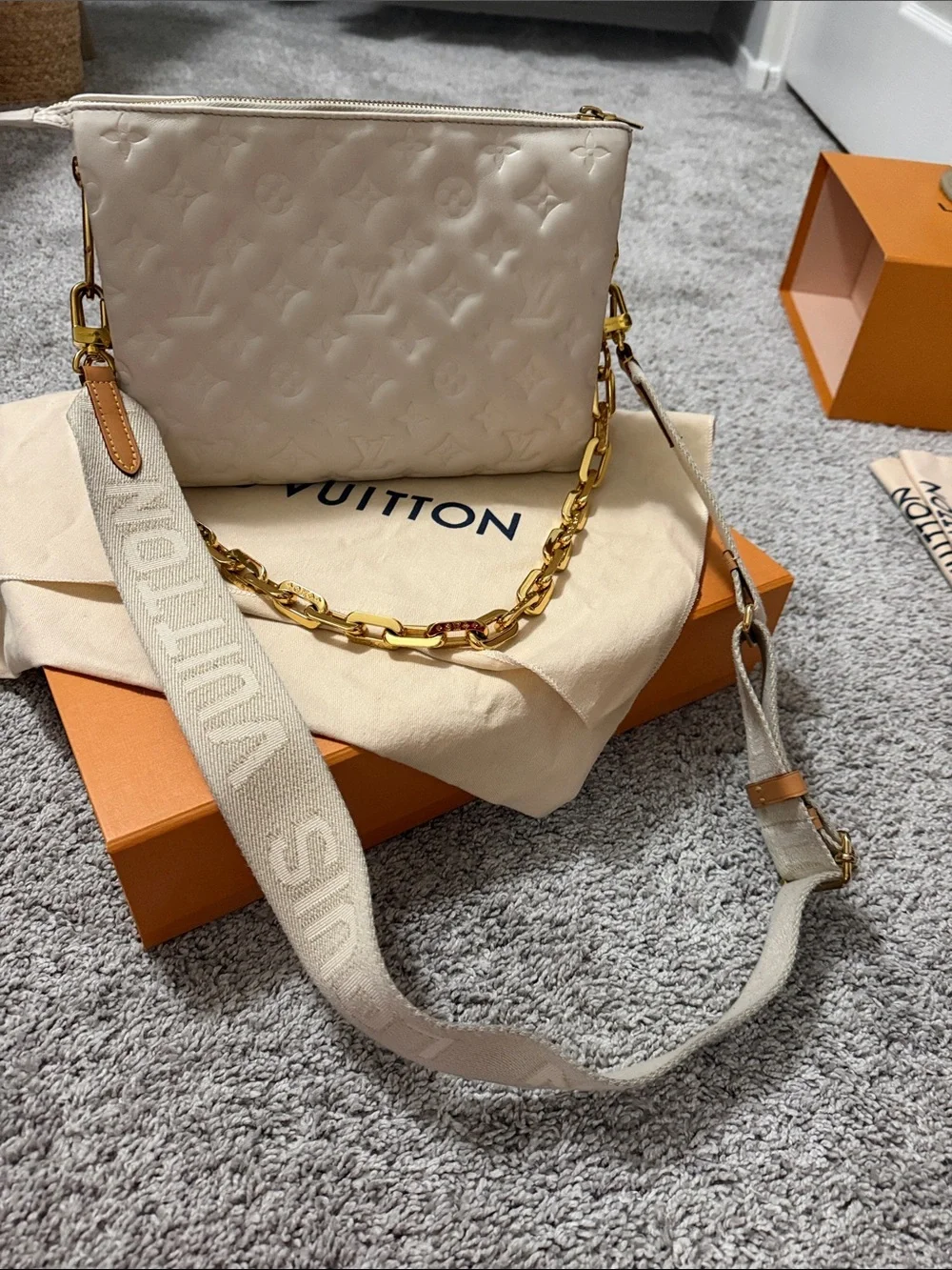 Louis Vuitton Cream Coussin PM Crossbody Bag with Gold Chain & adjustable strap
